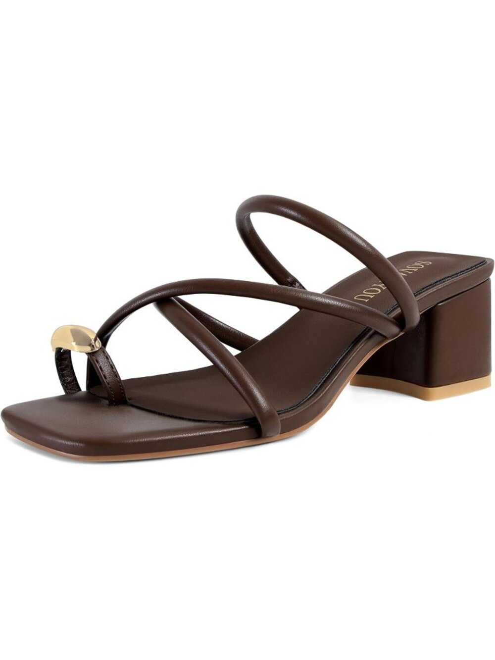 Women's Brown Faux Leather Opened Square Toe  Strappy Toe Ring Sandals Heels